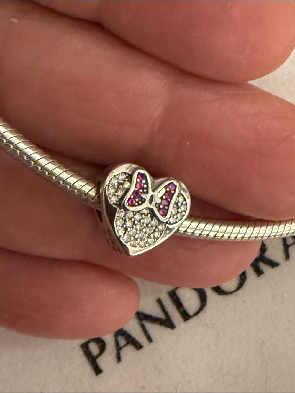 Pandora Silver Heart Charm with Pink Bow and Crystal Pavé